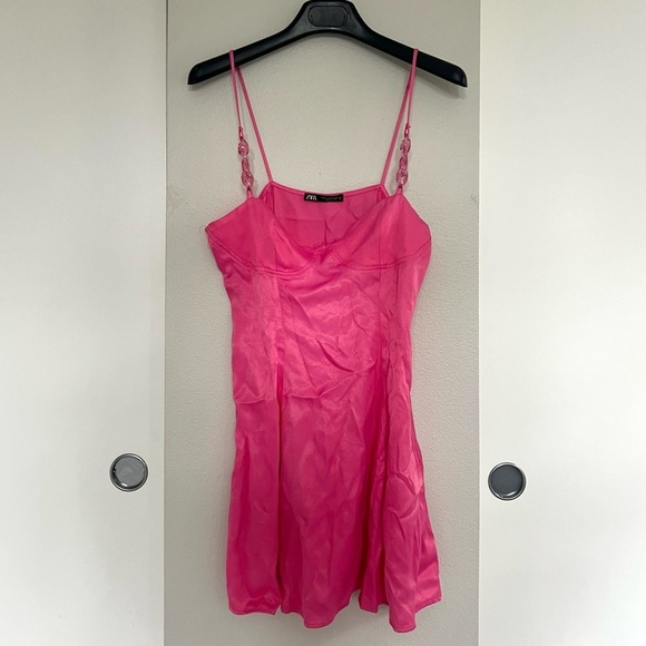 Zara Satin Mini Dress – Barbiecore 90s Coquette Babydoll - Hot Pink - Size M - Picture 4 of 15